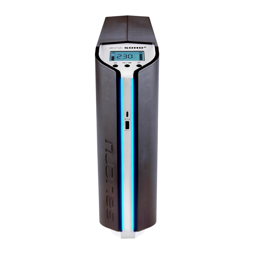 SAI UPS Salicru SPS 2250 SOHO+ IEC Linha Interativa 2250VA Preto, detalhe frontal: ecrã LCD, faixa LED azul e logótipo