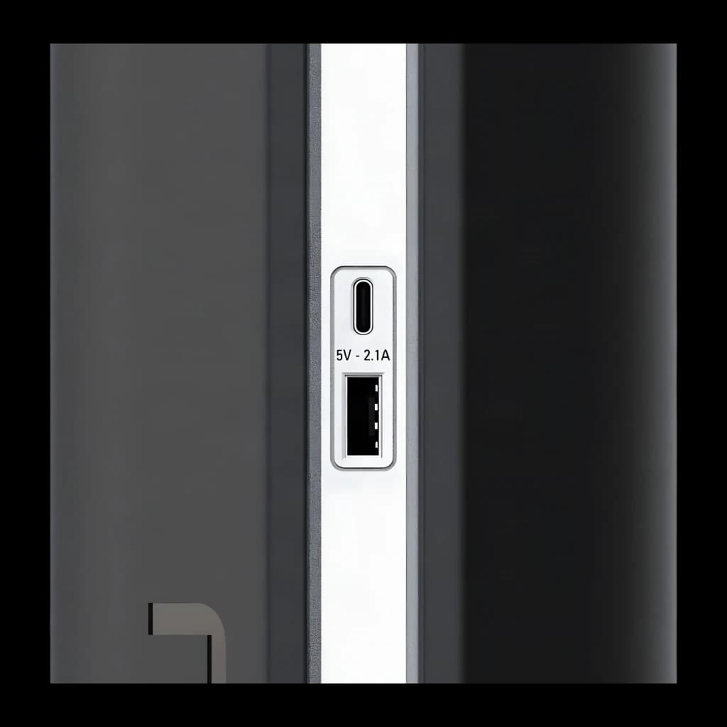 SAI UPS Salicru SPS 2250 SOHO+ IEC Linha Interativa 2250VA Preto, detalhe: portas USB-A e USB-C 5V 2.1A na faixa frontal