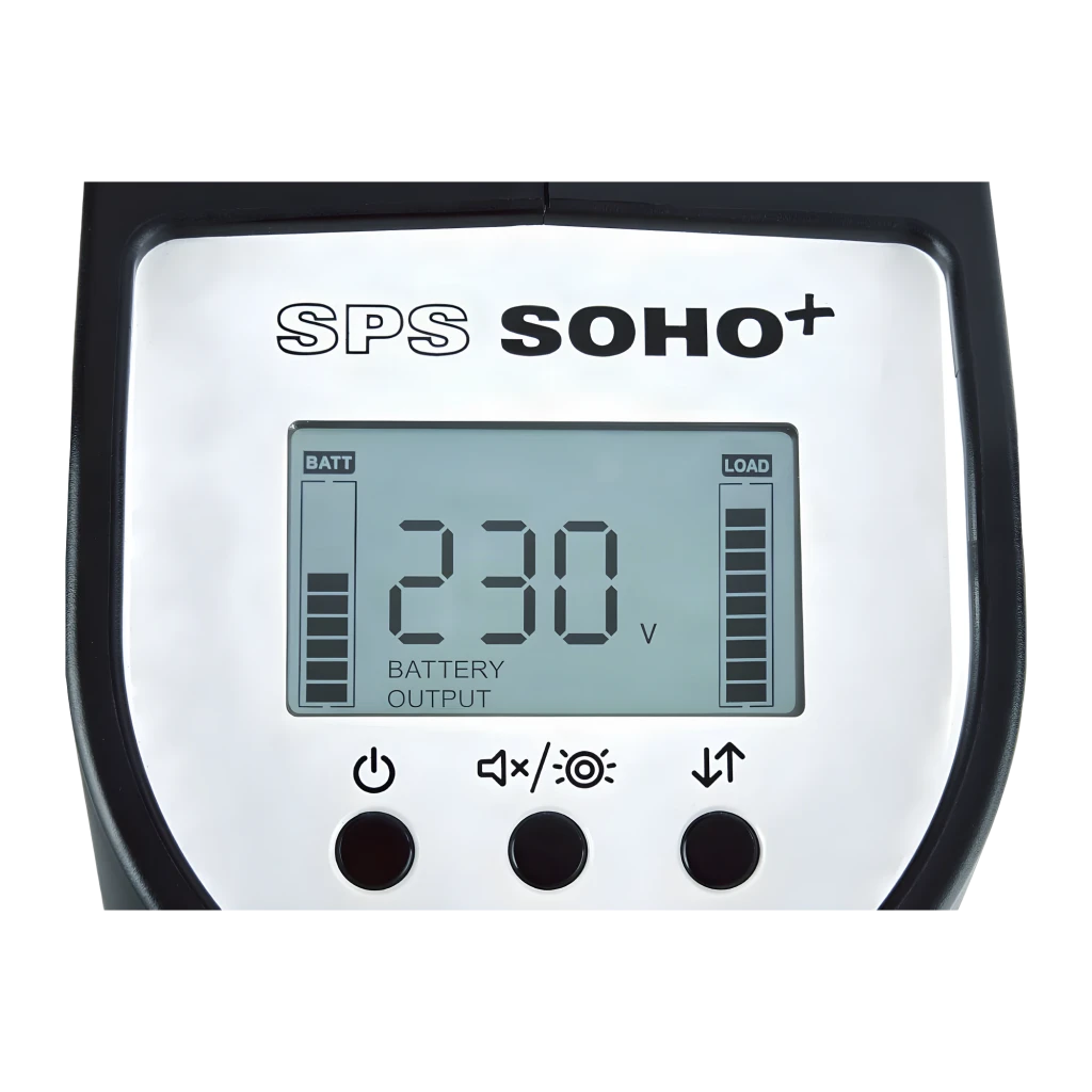 SAI UPS Salicru SPS 2250 SOHO+ IEC Linha Interativa 2250VA Preto, detalhe: ecrã LCD com 230V, indicadores BATT e LOAD e três