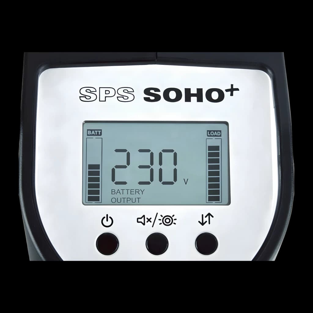 SAI UPS Salicru SPS 2250 SOHO+ IEC Linha Interativa 2250VA Preto, detalhe: ecrã LCD com 230V, indicadores BATT e LOAD e três