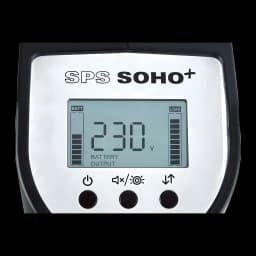 SAI UPS Salicru SPS 2250 SOHO+ IEC Linha Interativa 2250VA Preto, detalhe: ecrã LCD com 230V, indicadores BATT e LOAD e três