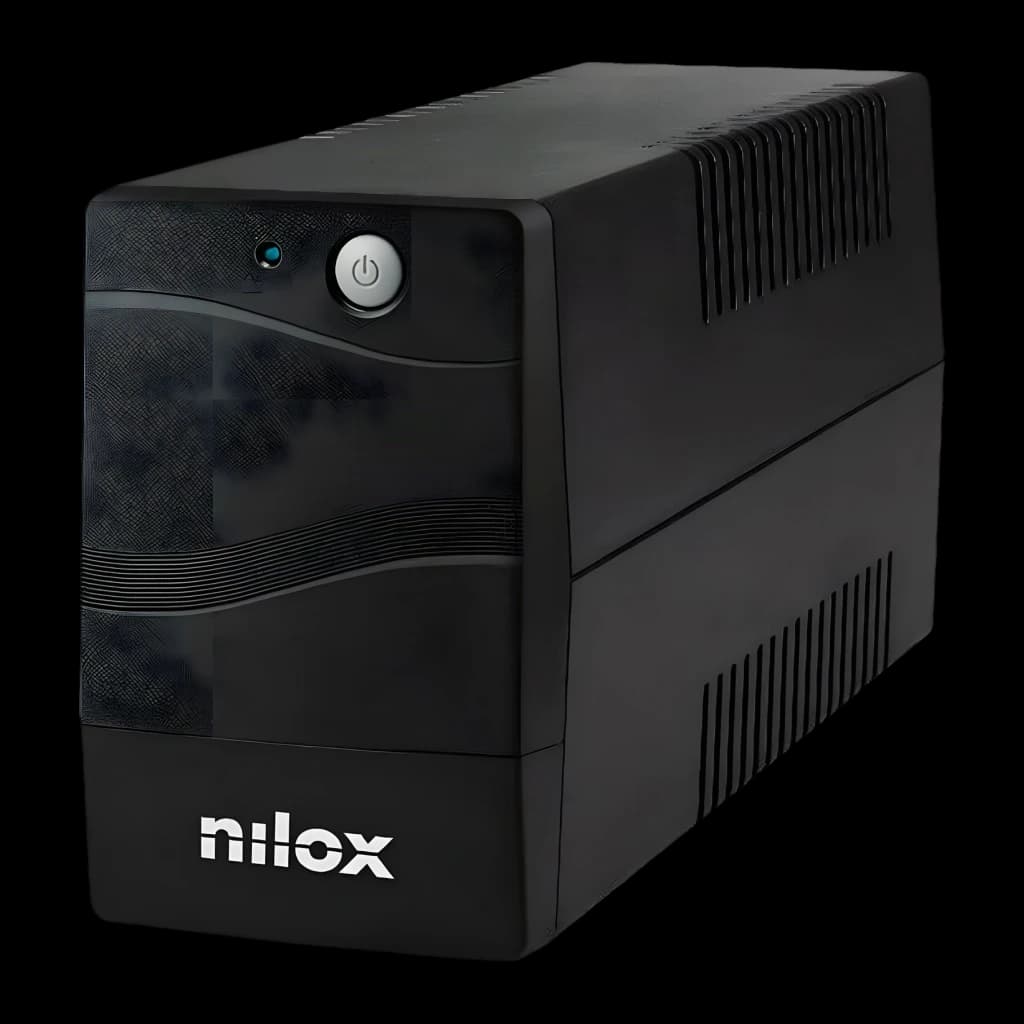 SAI Nilox Premium Line Interactive 1500 VA 1050W Negro, vista frontal: carcasa negra con botón de encendido, LED azul