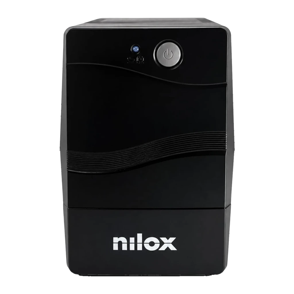 SAI Nilox Premium Line Interactive 1500 VA 1050W Negro, detalle frontal: botón de encendido, LED azul y logo Nilox