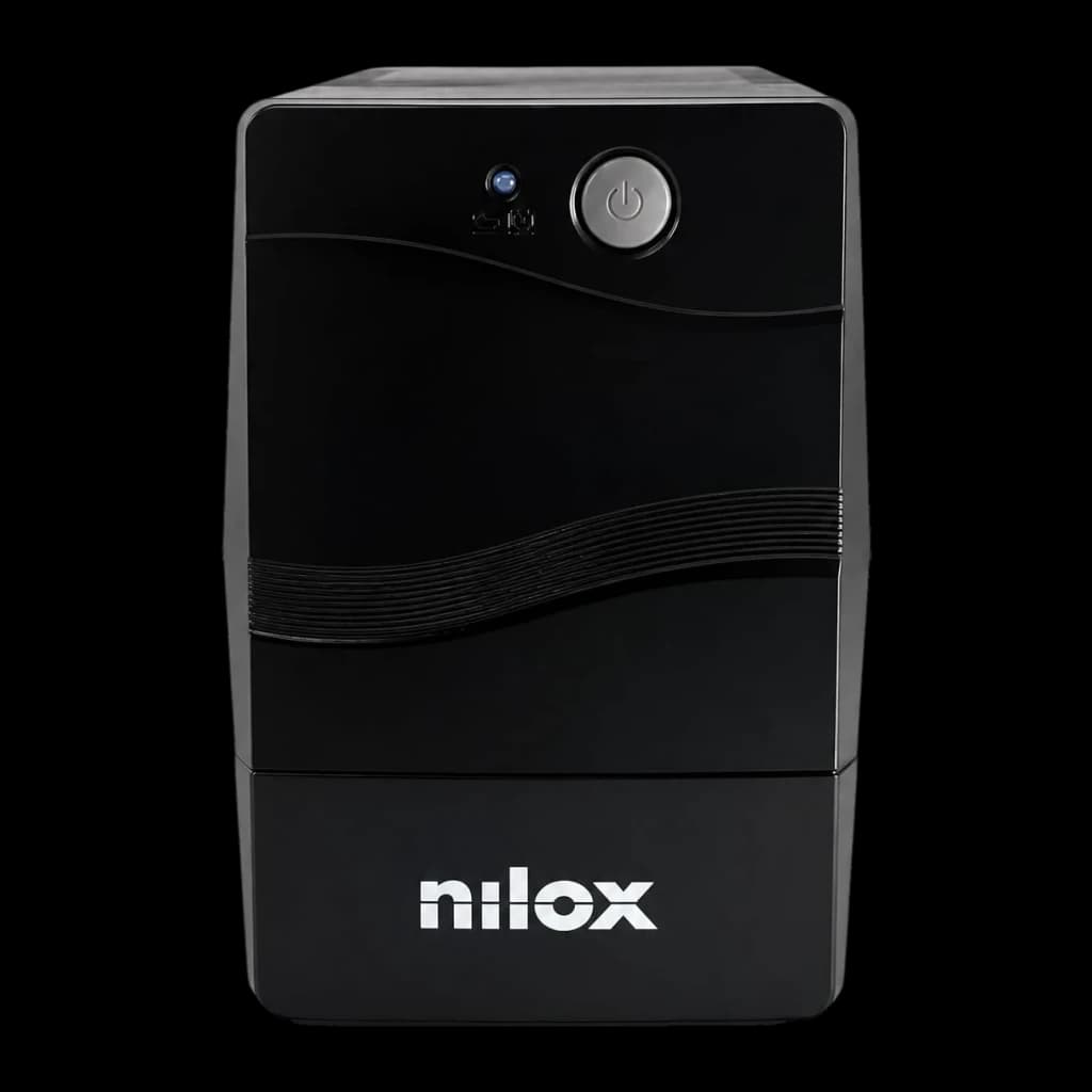 SAI Nilox Premium Line Interactive 1500 VA 1050W Negro, detalle frontal: botón de encendido, LED azul y logo Nilox