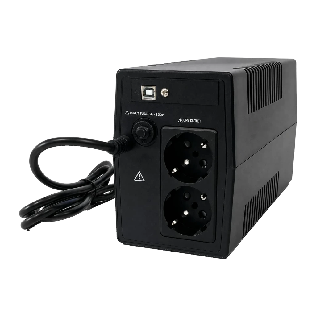 SAI Nilox Premium Line Interactive 1500 VA 1050W Negro, vista trasera: dos enchufes Schuko, puerto USB-B, fusible de entrada