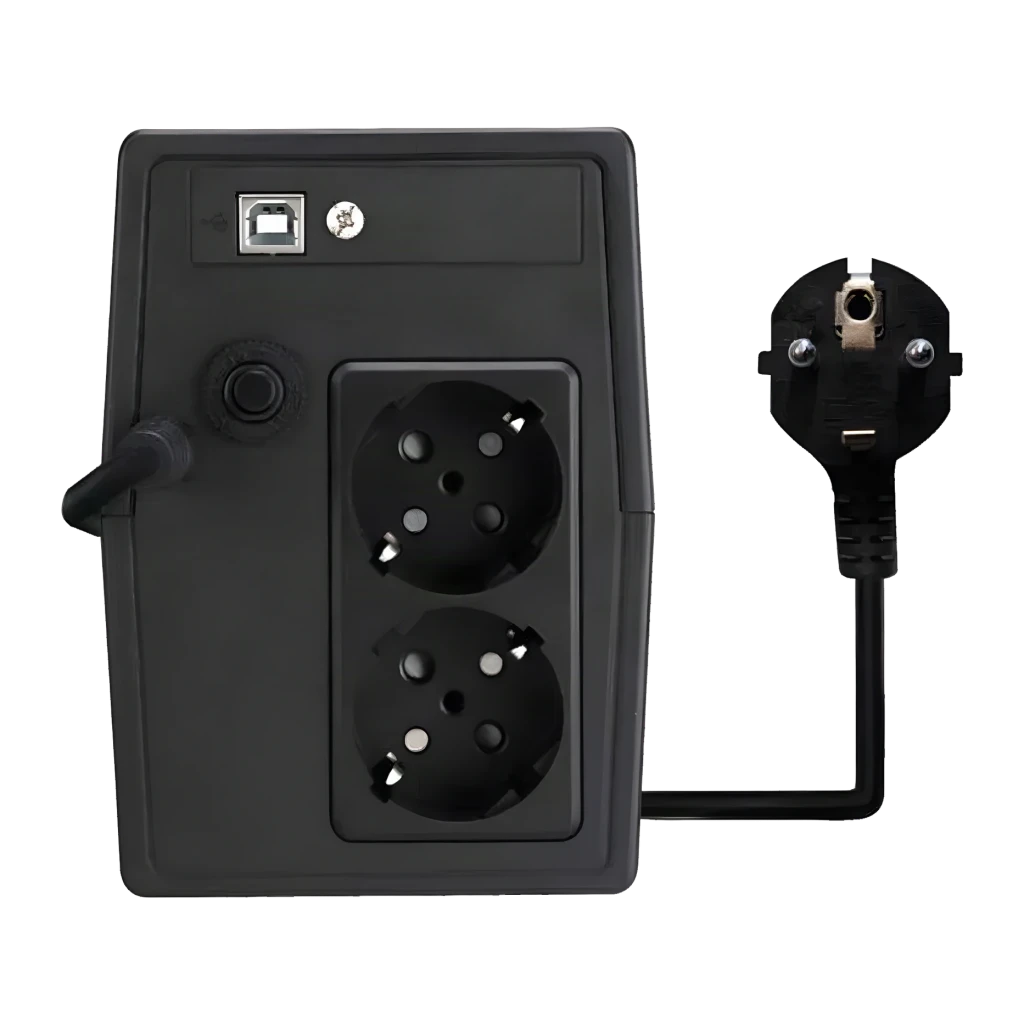 SAI Nilox Premium Line Interactive 1500 VA 1050W Negro, vista trasera: puerto USB-B, 2 tomas Schuko y cable de alimentación