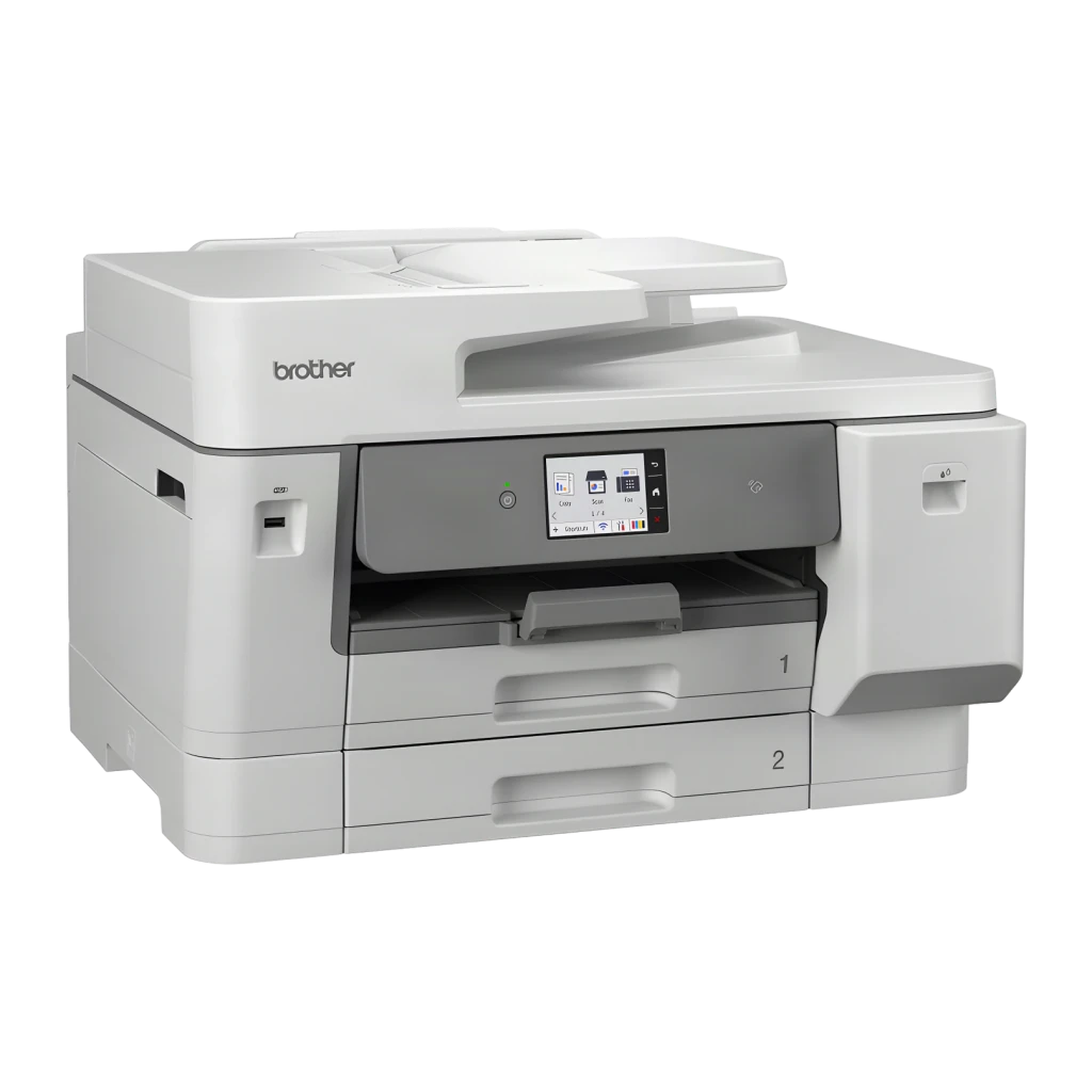 Impresora Brother MFC-J6975DW A3 Multifunción Inyección de Tinta Color, detalle: vista en ángulo con ADF, pantalla táctil