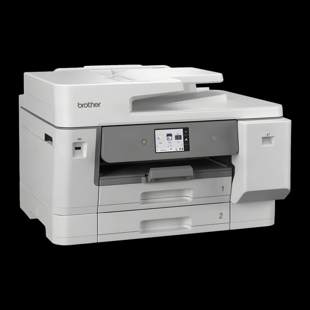 Impresora Brother MFC-J6975DW A3 Multifunción Inyección de Tinta Color, detalle: vista en ángulo con ADF, pantalla táctil