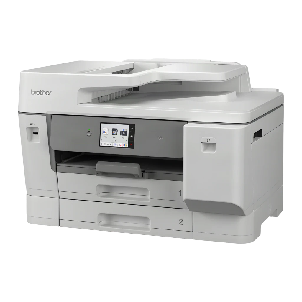 Impresora Brother MFC-J6975DW A3 Multifunción Inyección de Tinta Color, detalle: vista frontal en ángulo con ADF, pantalla