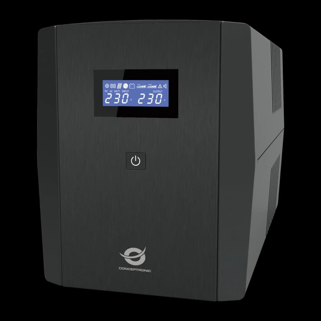 Sai ups Conceptronic Zeus 04E 2200VA 1320W Línea Interactiva Negro, vista frontal: pantalla LCD con 230V entrada y salida