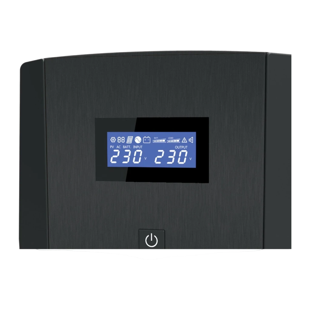 Sai ups Conceptronic Zeus 04E 2200VA 1320W Línea Interactiva Negro, detalle: pantalla LCD azul con valores 230V entrada