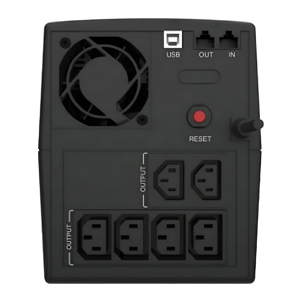 Sai ups Conceptronic Zeus 04E 2200VA 1320W Línea Interactiva Negro, vista trasera: ventilador, puerto USB, puertos RJ45