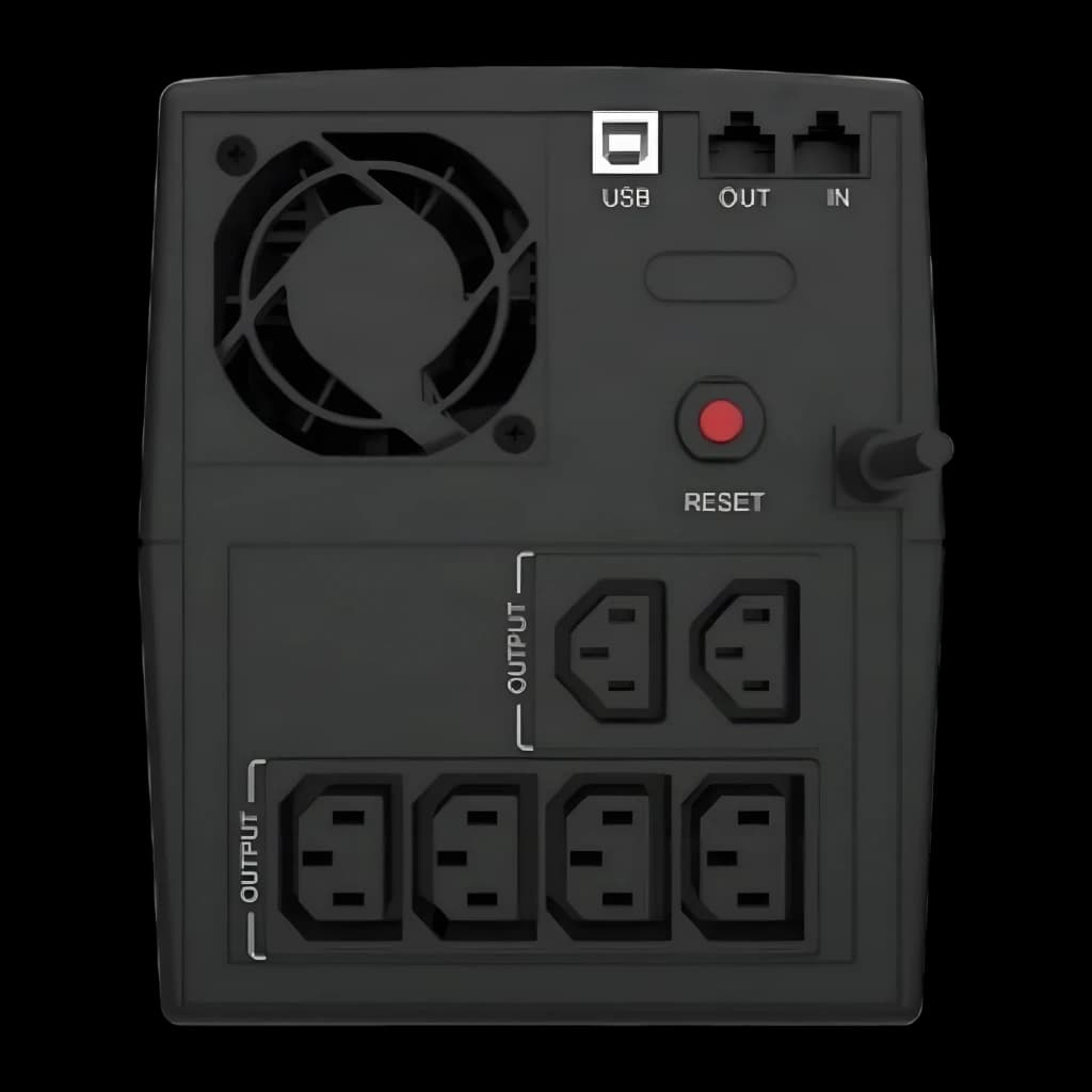 Sai ups Conceptronic Zeus 04E 2200VA 1320W Línea Interactiva Negro, vista trasera: ventilador, puerto USB, puertos RJ45
