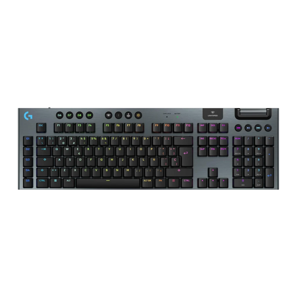 Teclado Gaming Logitech G915 X LIGHTSPEED GL Tactile Inalámbrico Negro, vista frontal: teclas bajas con retroiluminación RGB