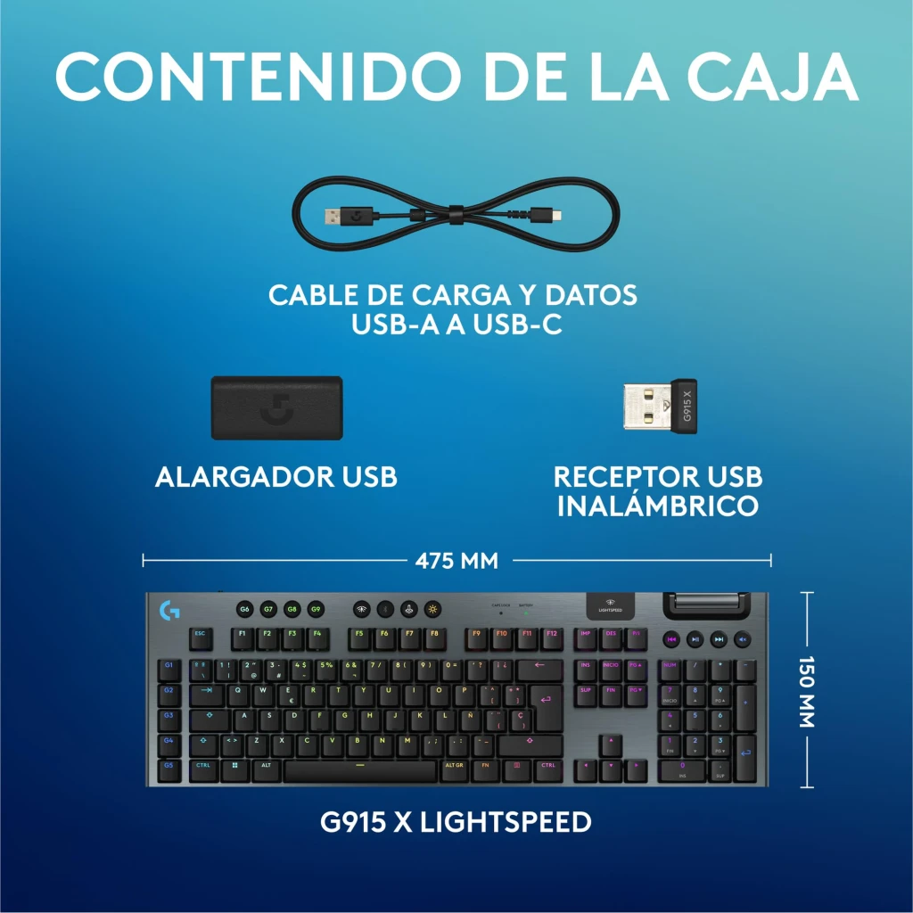 Teclado Gaming Logitech G915 X LIGHTSPEED GL Tactile Inalámbrico Negro, contenido caja: teclado 475x150mm, cable USB-A