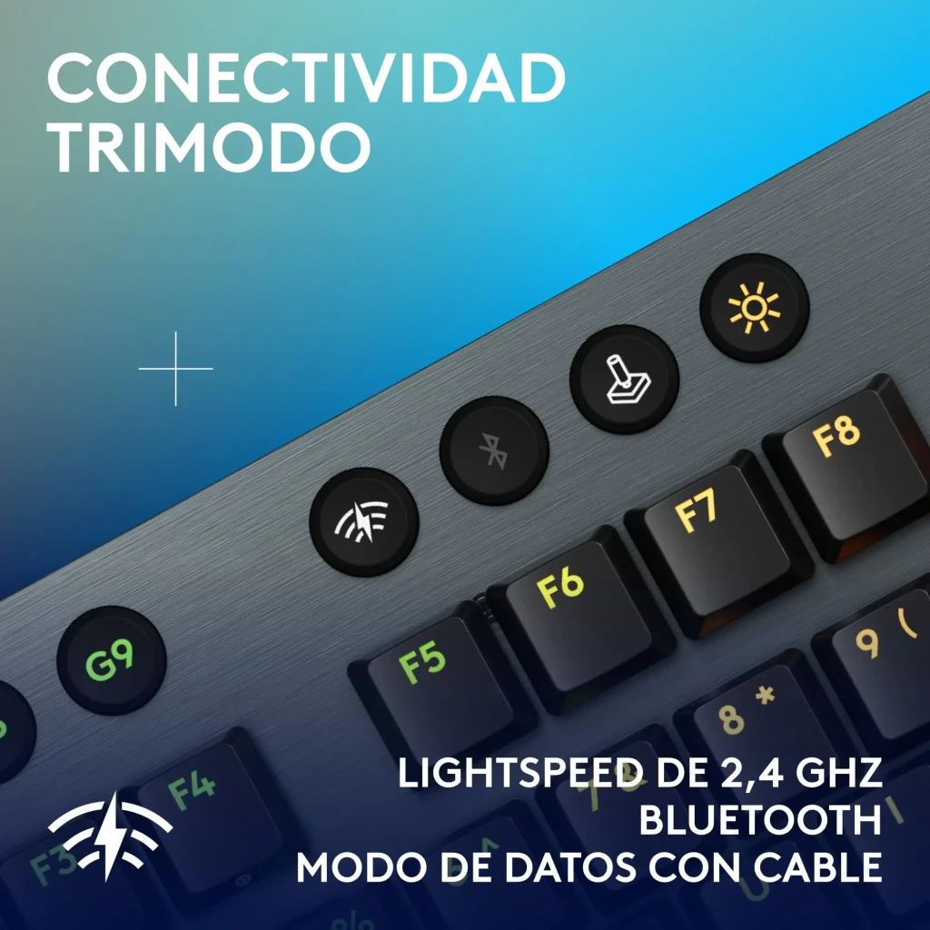 Teclado Gaming Logitech G915 X LIGHTSPEED GL Tactile Inalámbrico Negro, detalle: botones de conectividad trimodo LIGHTSPEED
