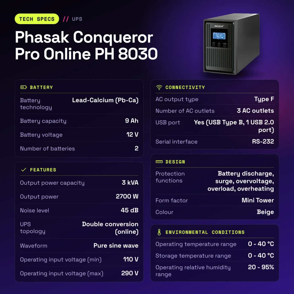 UPS Phasak Conqueror Pro Online PH 8030 3000VA 2700W Bege - características