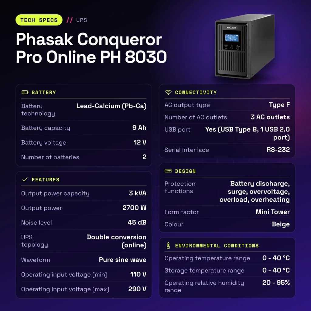 UPS Phasak Conqueror Pro Online PH 8030 3000VA 2700W Bege - características