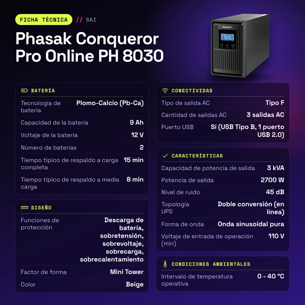 UPS Phasak Conqueror Pro Online PH 8030 3000VA 2700W Bege - características