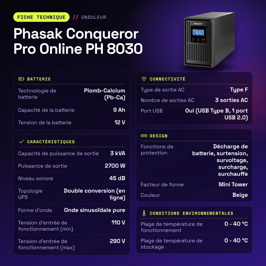 UPS Phasak Conqueror Pro Online PH 8030 3000VA 2700W Bege - características