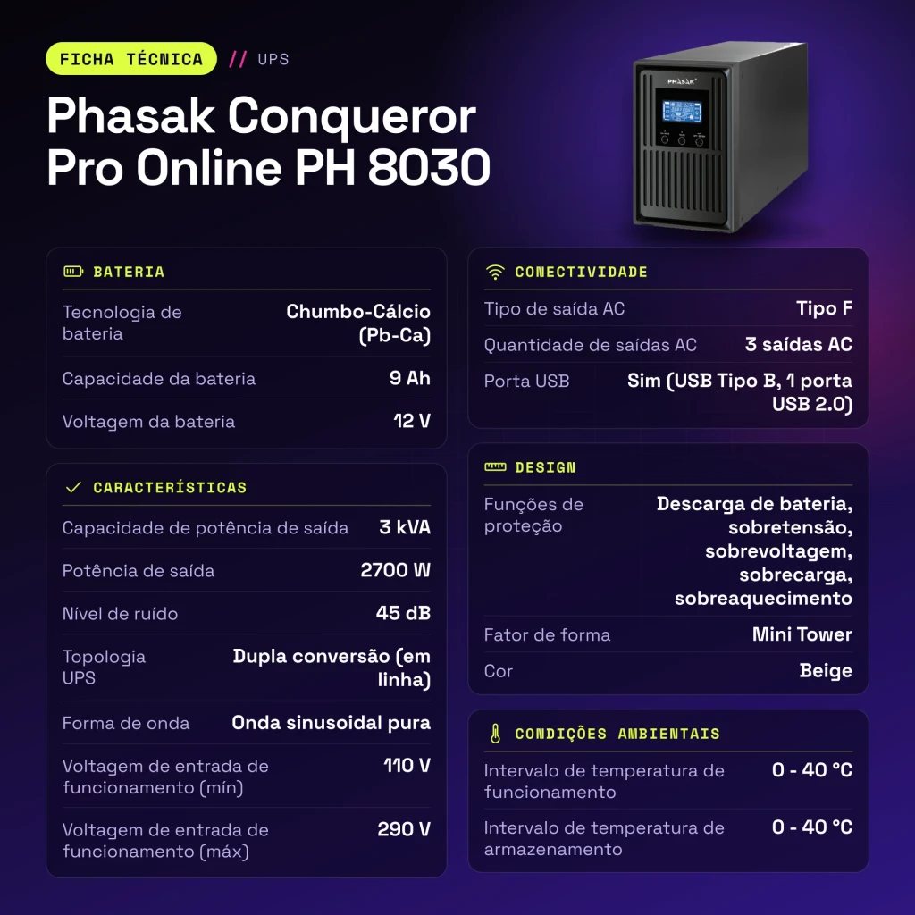 UPS Phasak Conqueror Pro Online PH 8030 3000VA 2700W Bege - características