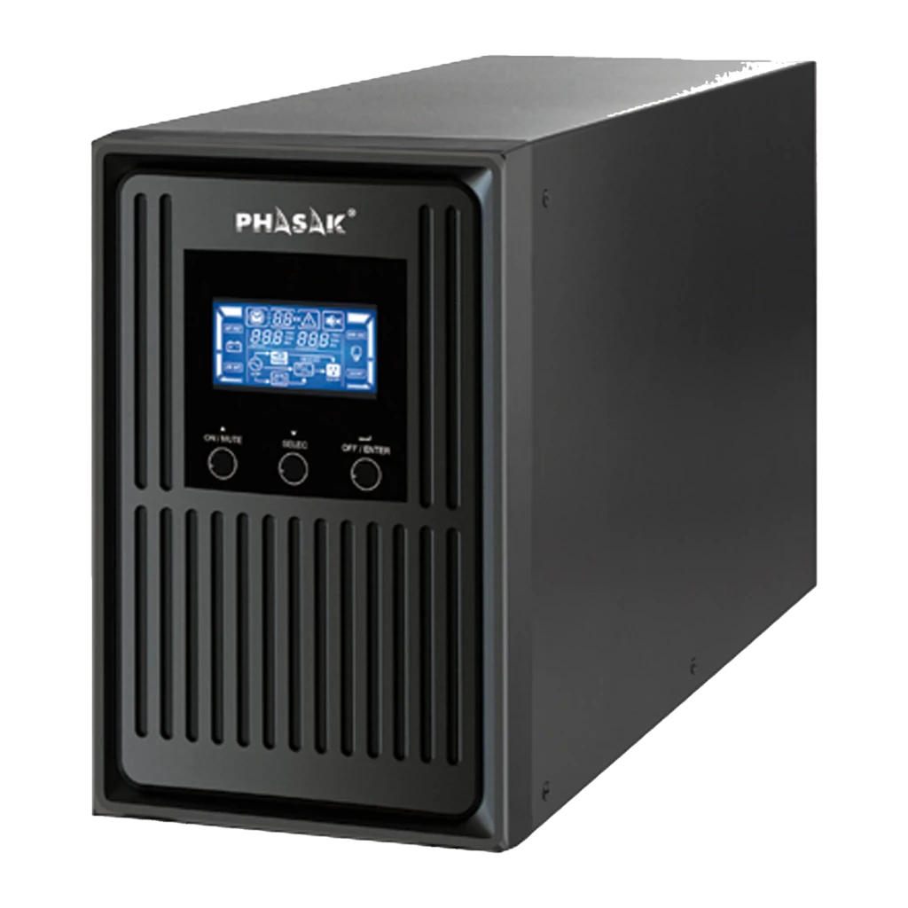 UPS Phasak Conqueror Pro Online PH 8030 3000VA 2700W Bege, vista frontal: carcaça preta com grelhas, ecrã LCD azul e três