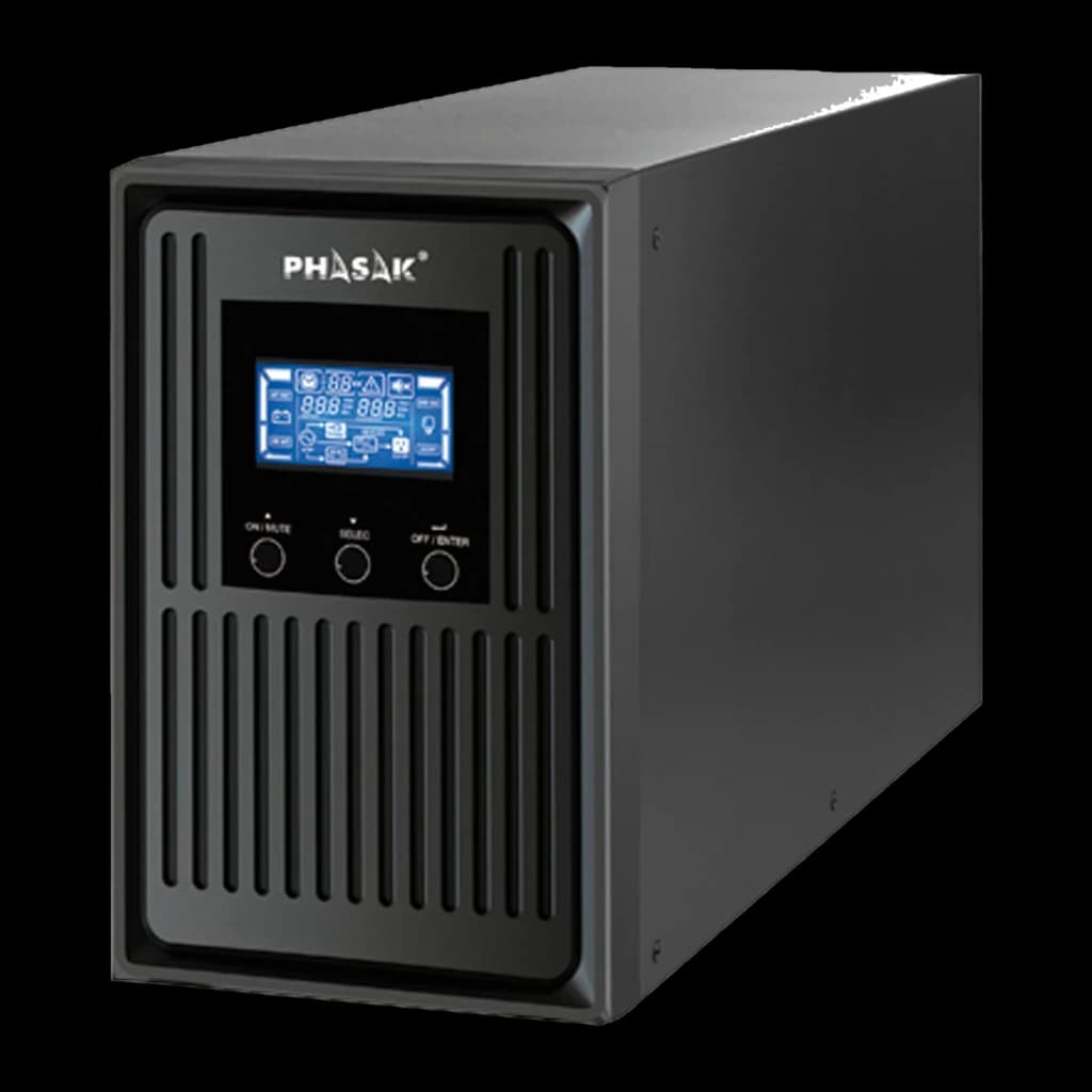 UPS Phasak Conqueror Pro Online PH 8030 3000VA 2700W Bege, vista frontal: carcaça preta com grelhas, ecrã LCD azul e três