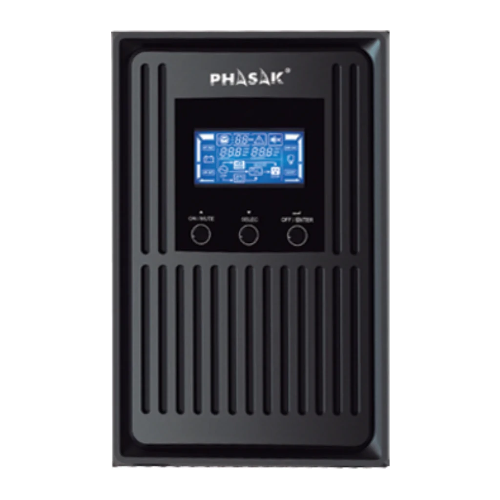 UPS Phasak Conqueror Pro Online PH 8030 3000VA 2700W Bege, detalhe: painel frontal com ecrã LCD azul e três botões