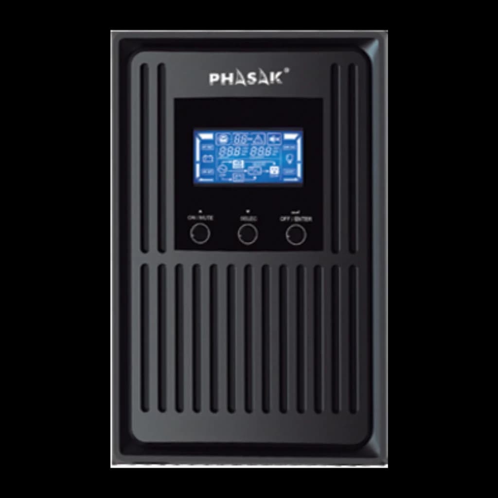 UPS Phasak Conqueror Pro Online PH 8030 3000VA 2700W Bege, detalhe: painel frontal com ecrã LCD azul e três botões