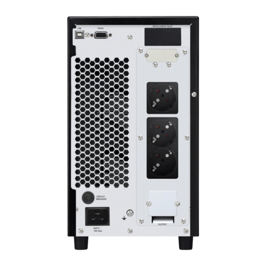 UPS Phasak Conqueror Pro Online PH 8030 3000VA 2700W Bege, vista traseira: portas USB RS232 slot inteligente 3 tomadas