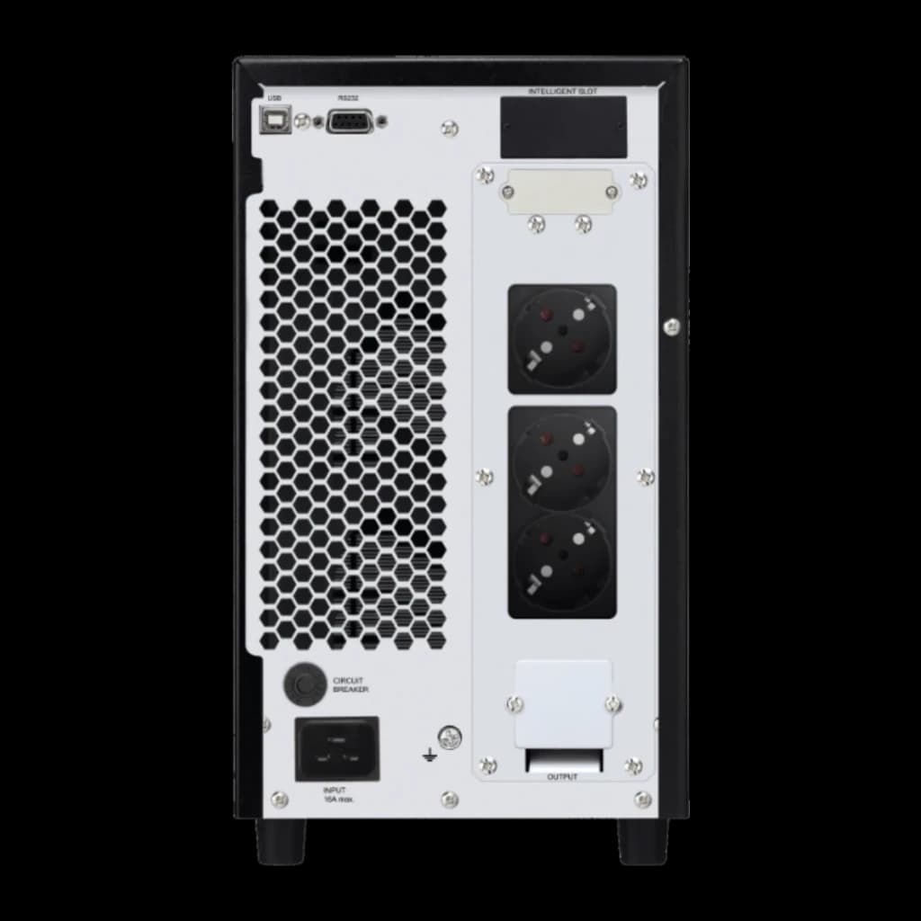 UPS Phasak Conqueror Pro Online PH 8030 3000VA 2700W Bege, vista traseira: portas USB RS232 slot inteligente 3 tomadas