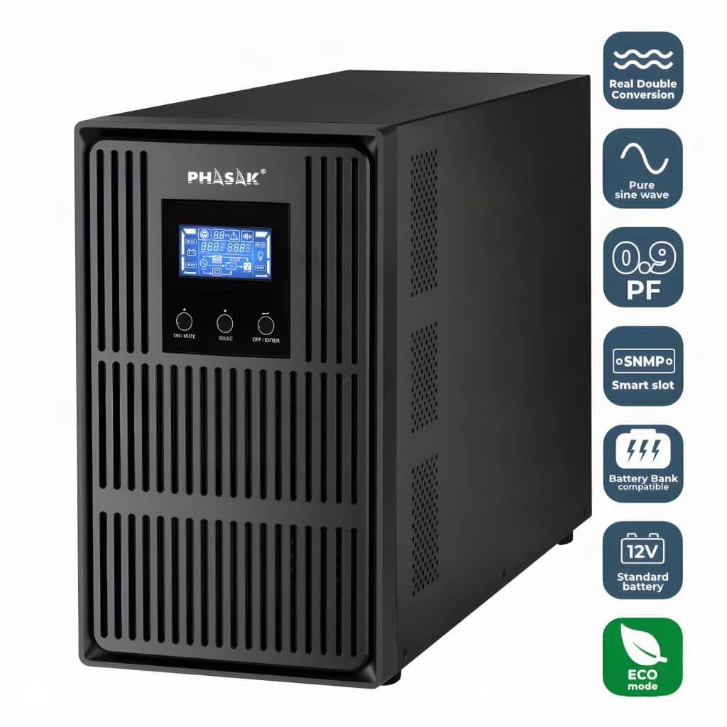 UPS Phasak Conqueror Pro Online PH 8030 3000VA 2700W Bege, vista frontal em ângulo: carcaça preta com grelhas, ecrã LCD azul