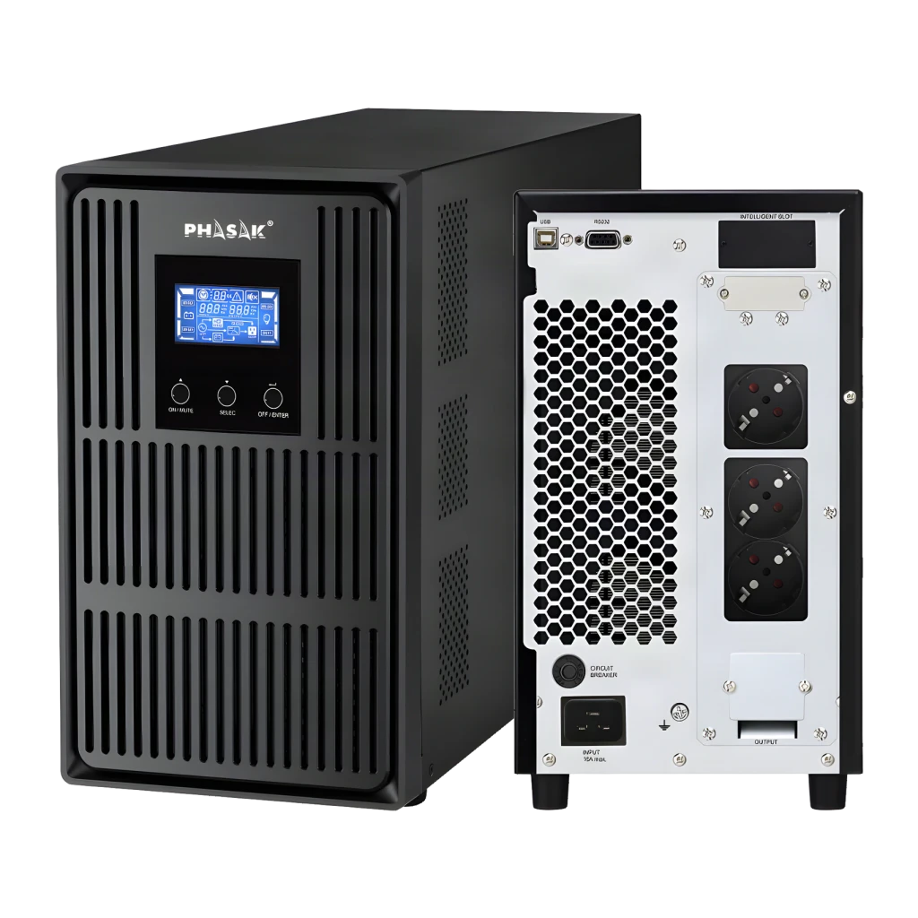 UPS Phasak Conqueror Pro Online PH 8030 3000VA 2700W Bege, detalhe: painel frontal com LCD e botões ao lado do painel
