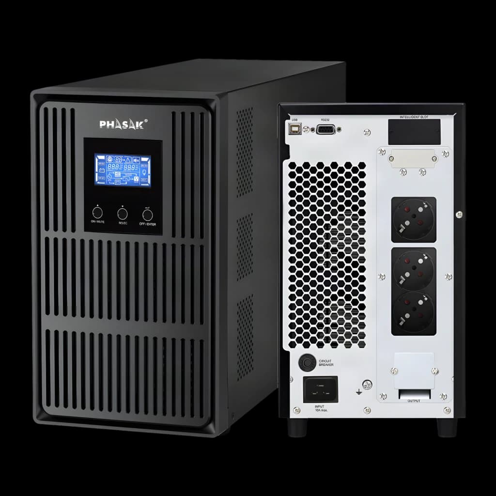 UPS Phasak Conqueror Pro Online PH 8030 3000VA 2700W Bege, detalhe: painel frontal com LCD e botões ao lado do painel