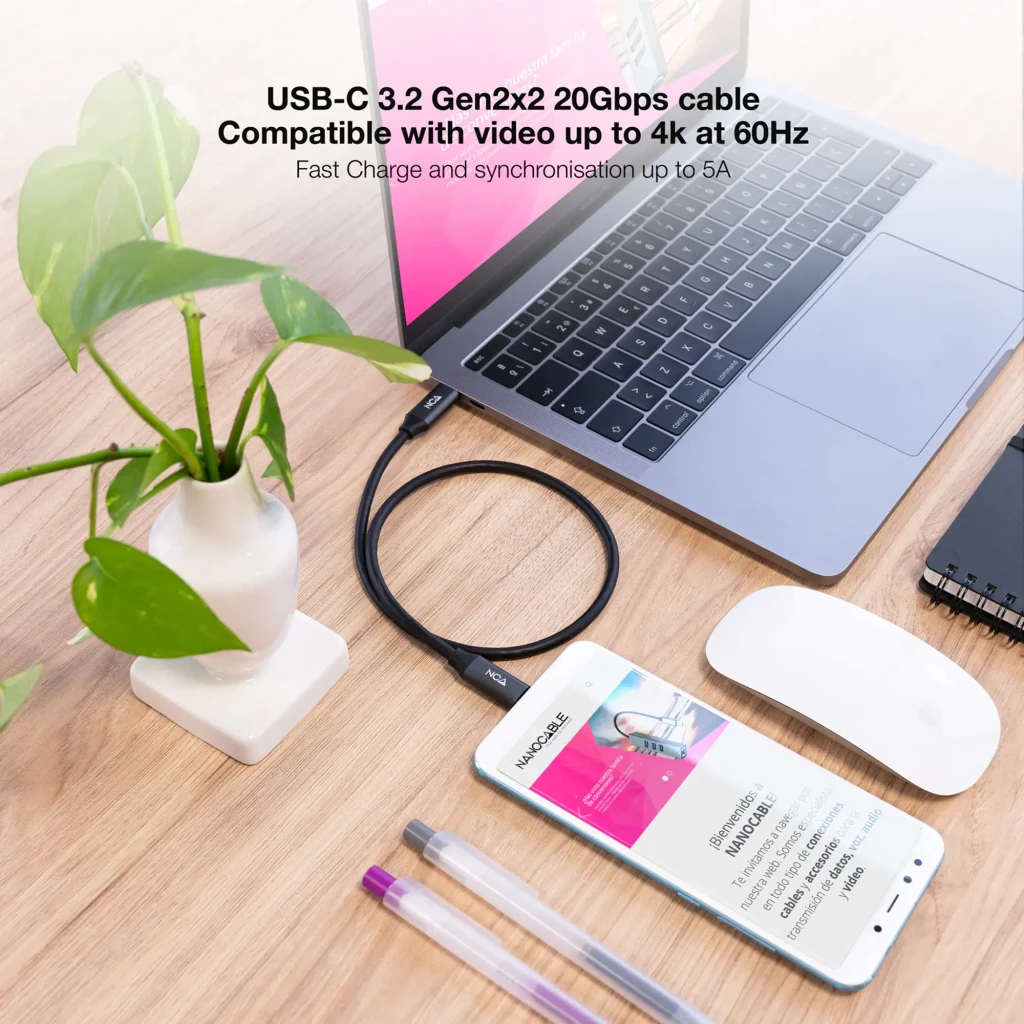 Cable Nanocable 10.01.4303 USB 3.2 Gen 2x2 USB-C/M-USB-C/M 3m Negro/Gris, en uso: conectado entre portátil y smartphone
