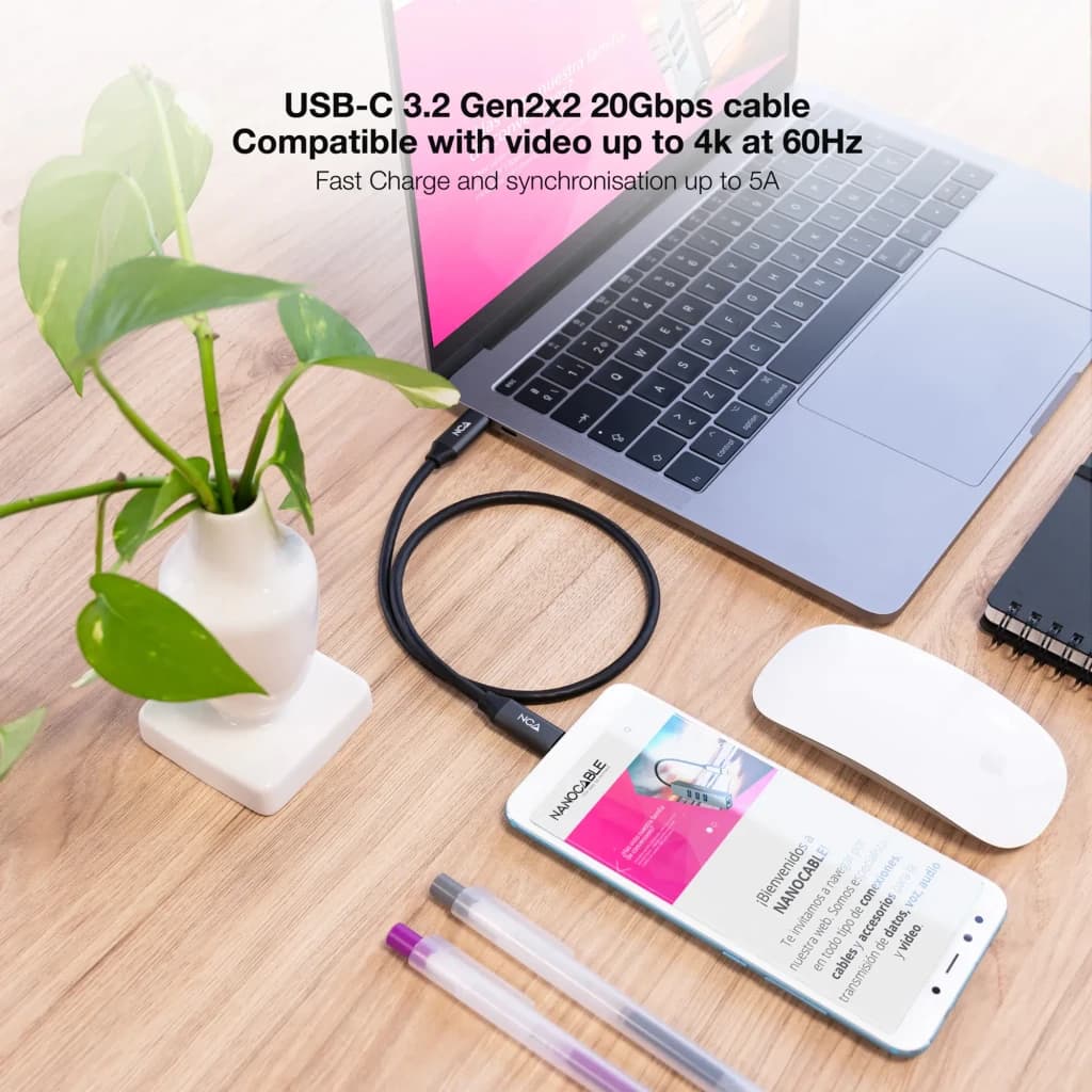 Cable Nanocable 10.01.4303 USB 3.2 Gen 2x2 USB-C/M-USB-C/M 3m Negro/Gris, en uso: conectado entre portátil y smartphone