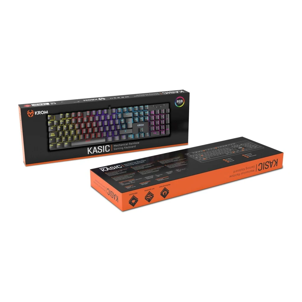 Teclado Gaming Krom Kasic RGB Mecânico Preto, conteúdo da caixa: caixa frontal com teclado iluminado e caixa traseira