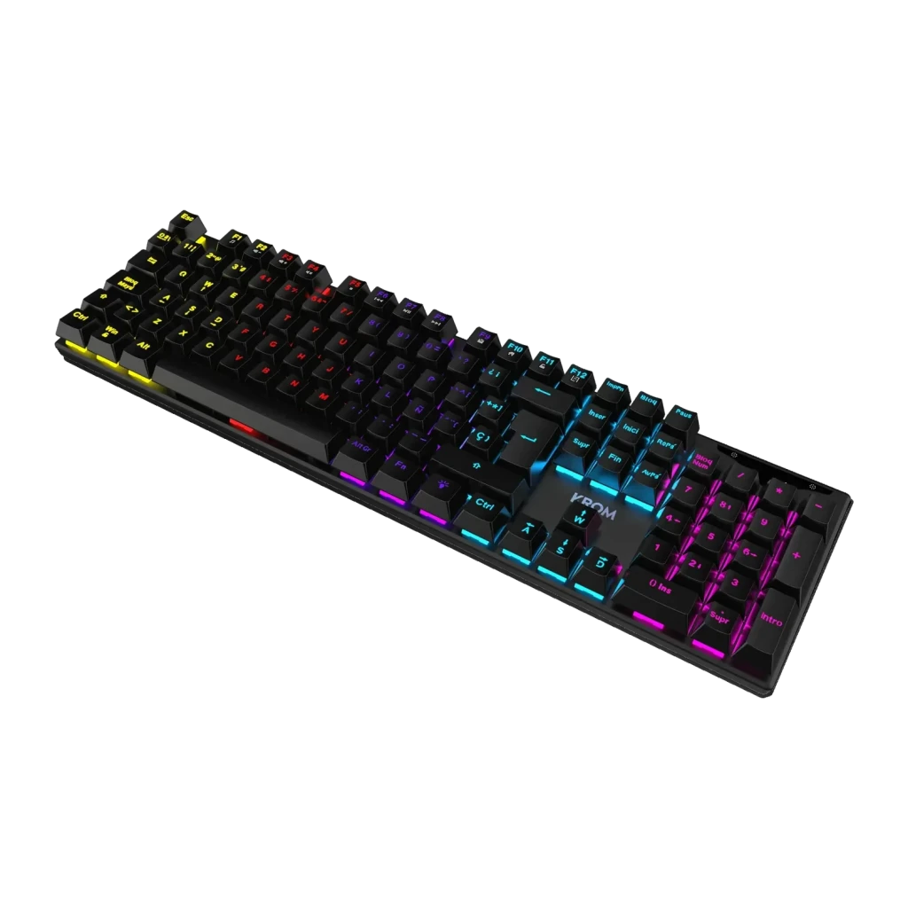 Teclado Gaming Krom Kasic RGB Mecânico Preto, detalhe: vista em perspectiva com iluminação RGB multicolor nas teclas