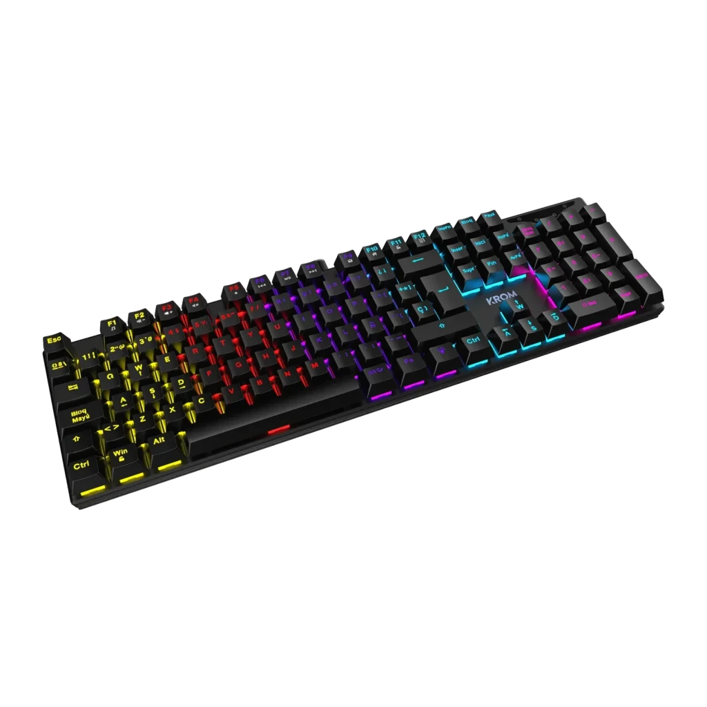 Teclado Gaming Krom Kasic RGB Mecânico Preto, detalhe: iluminação RGB multicolor nas teclas mecânicas, vista em perspetiva