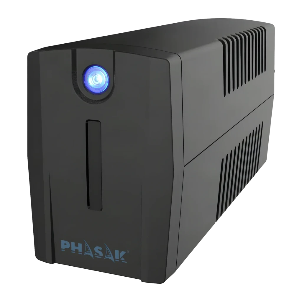UPS Phasak Ottima PH 7266 Linha Interativa 660VA 380W Preto, vista frontal: botão de energia LED azul, ranhura e grelhas