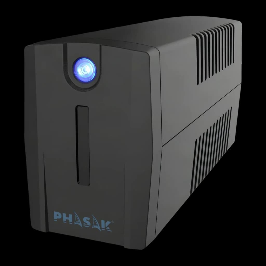 UPS Phasak Ottima PH 7266 Linha Interativa 660VA 380W Preto, vista frontal: botão de energia LED azul, ranhura e grelhas