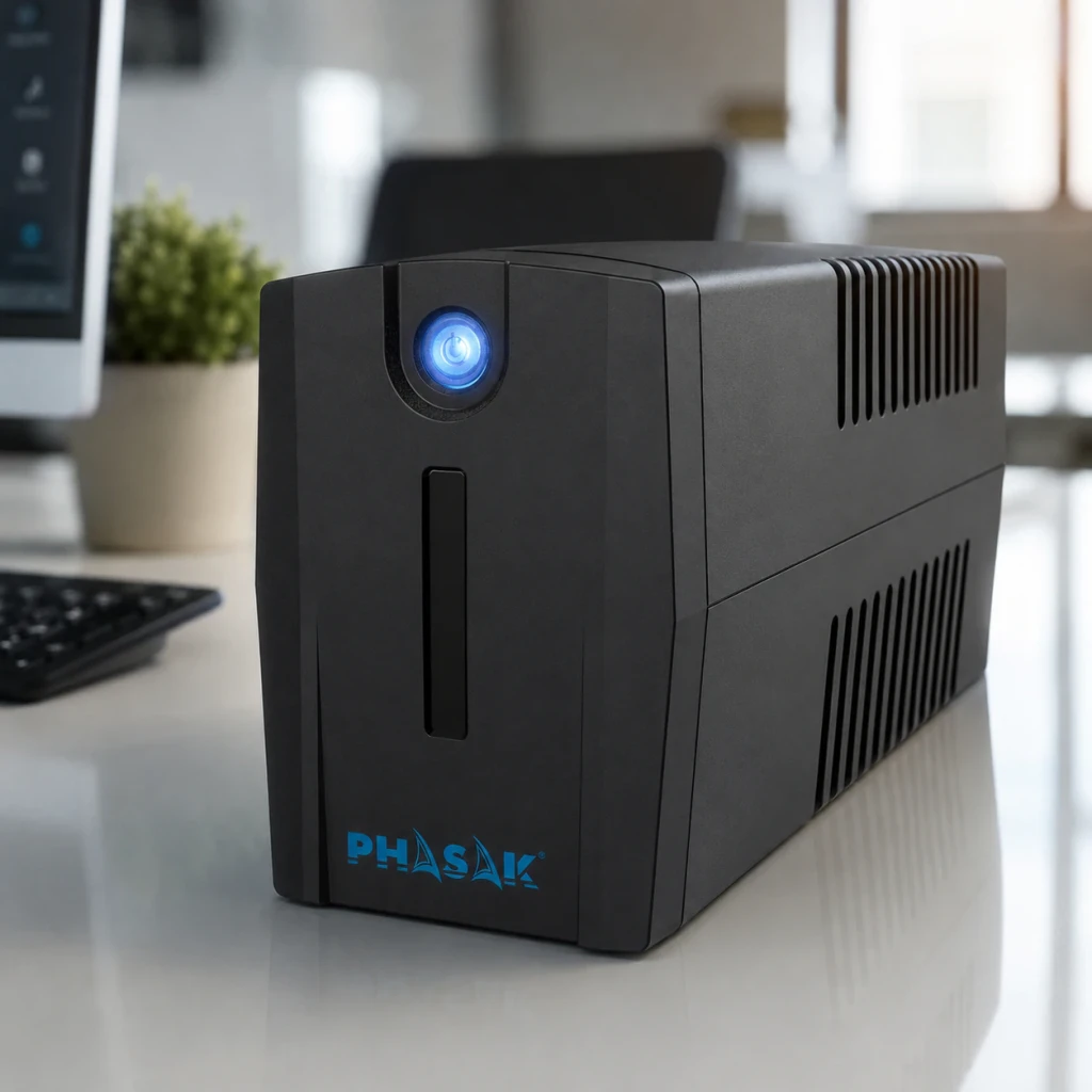 UPS Phasak Ottima PH 7266 Linha Interativa 660VA 380W Preto, em uso: sobre secretária de escritório com LED azul aceso