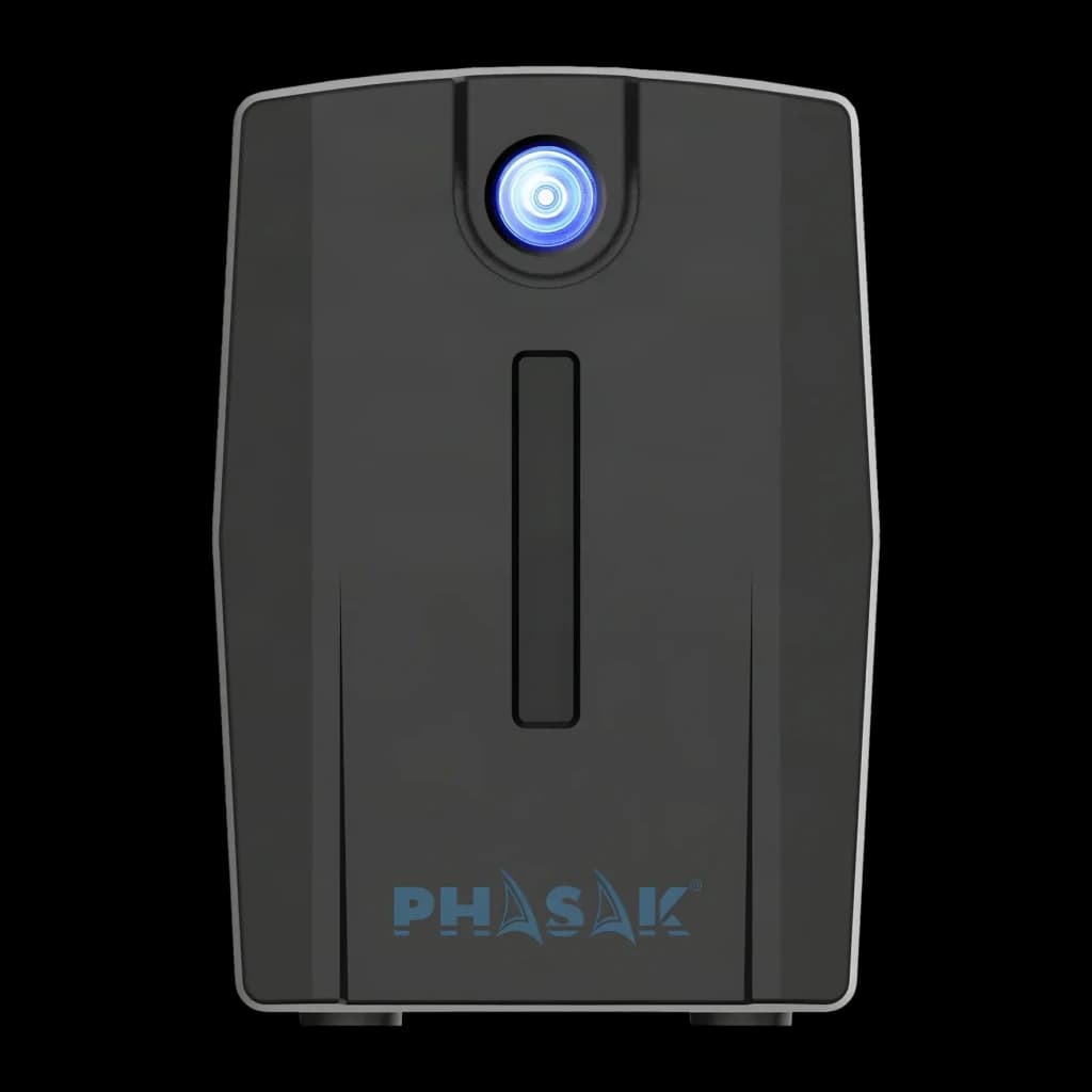 UPS Phasak Ottima PH 7266 Linha Interativa 660VA 380W Preto, detalhe frontal: botão de energia LED azul e logótipo Phasak