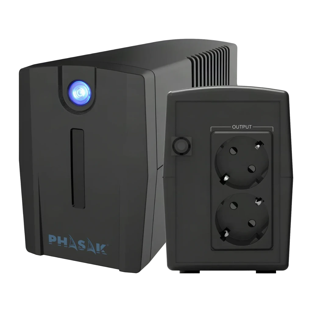 UPS Phasak Ottima PH 7266 Linha Interativa 660VA 380W Preto, detalhe: frontal com LED azul e painel traseiro com 2 tomadas