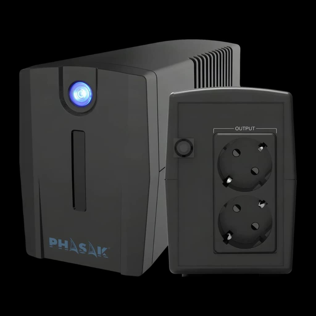 UPS Phasak Ottima PH 7266 Linha Interativa 660VA 380W Preto, detalhe: frontal com LED azul e painel traseiro com 2 tomadas