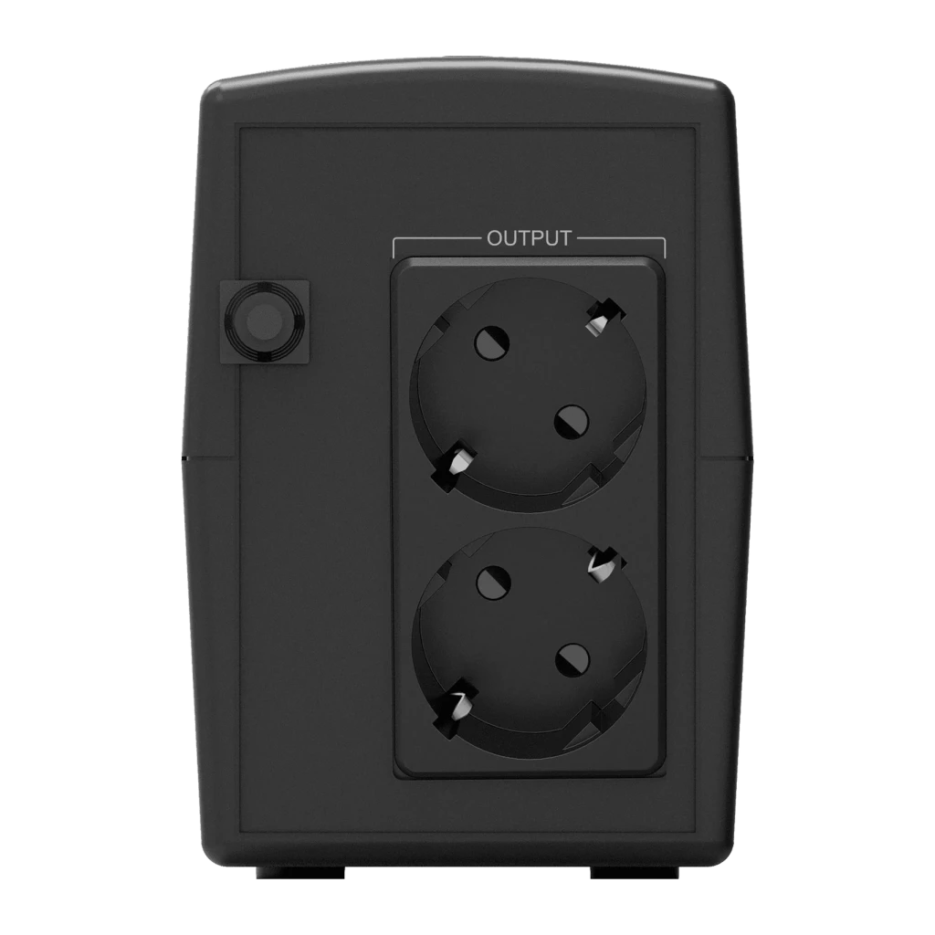 UPS Phasak Ottima PH 7266 Linha Interativa 660VA 380W Preto, vista traseira: 2 tomadas Schuko OUTPUT e botão lateral