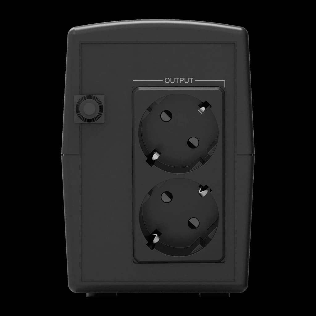UPS Phasak Ottima PH 7266 Linha Interativa 660VA 380W Preto, vista traseira: 2 tomadas Schuko OUTPUT e botão lateral