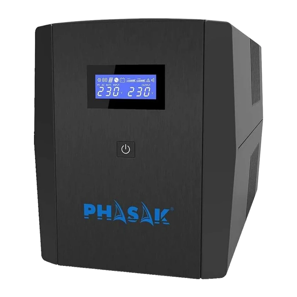 UPS Phasak Sirius Interactive 1500 VA 900W Preto PH 7315, vista frontal: ecrã LCD azul com 230V, botão de energia e logótipo
