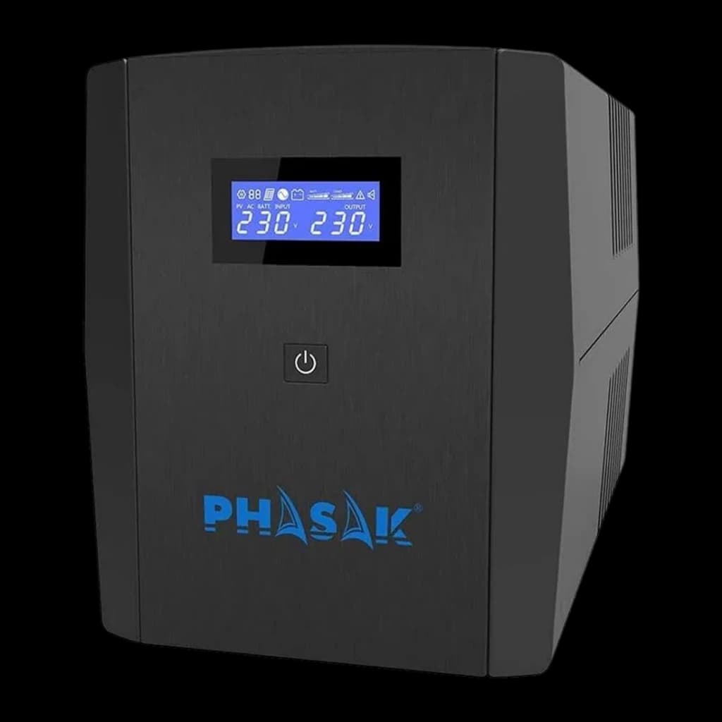 UPS Phasak Sirius Interactive 1500 VA 900W Preto PH 7315, vista frontal: ecrã LCD azul com 230V, botão de energia e logótipo
