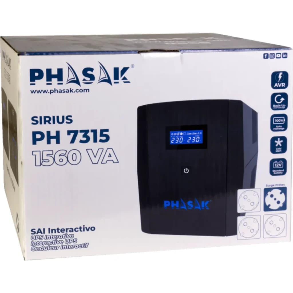 UPS Phasak Sirius Interactive 1500 VA 900W Preto PH 7315, conteúdo da caixa: embalagem com ilustração do UPS e especificações
